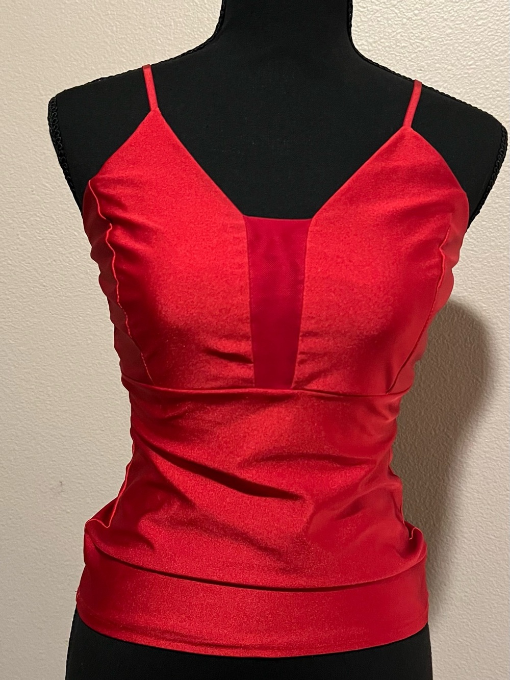 Fashion Magazine Red Satin V-Insert Spaghetti Strap Camisole